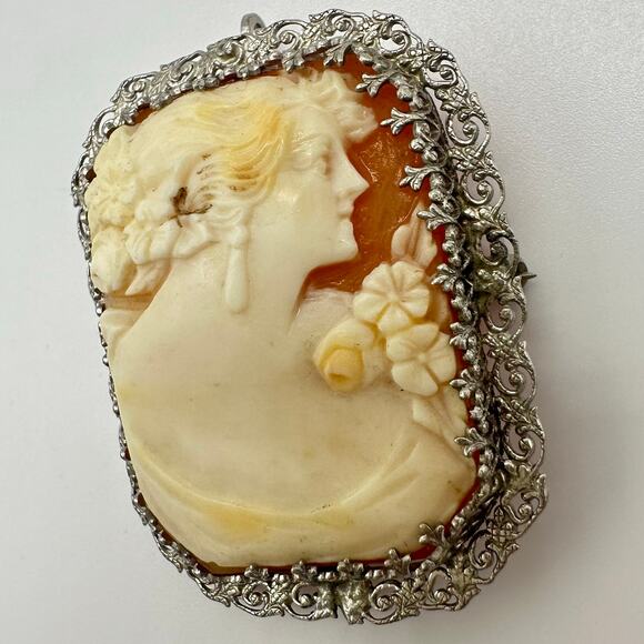 Antique Edwardian 1900s solid 14kt white gold carved shell cameo brooch pendant - Picture 4 of 10
